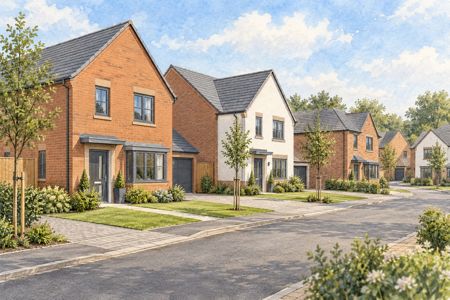 Watercolour illustration of a newly completed housing development with modern brick homes, landscaped front gardens and paved driveways
