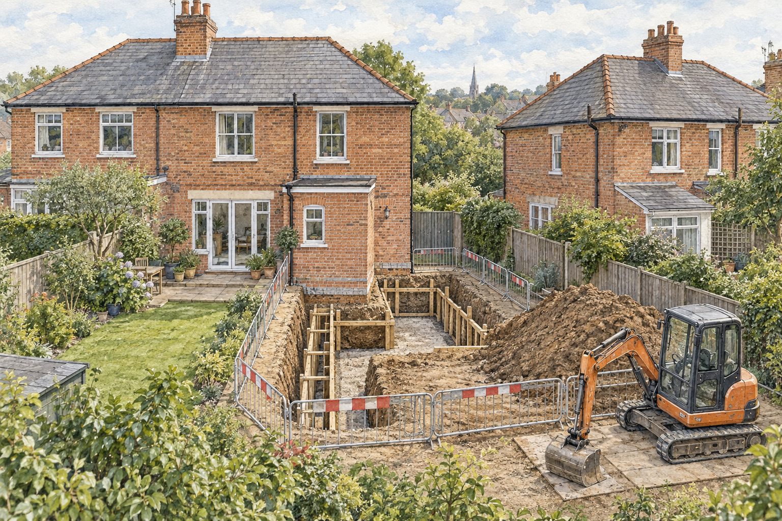Illustration of foundation excavation for a rear extension beside neighbouring homes