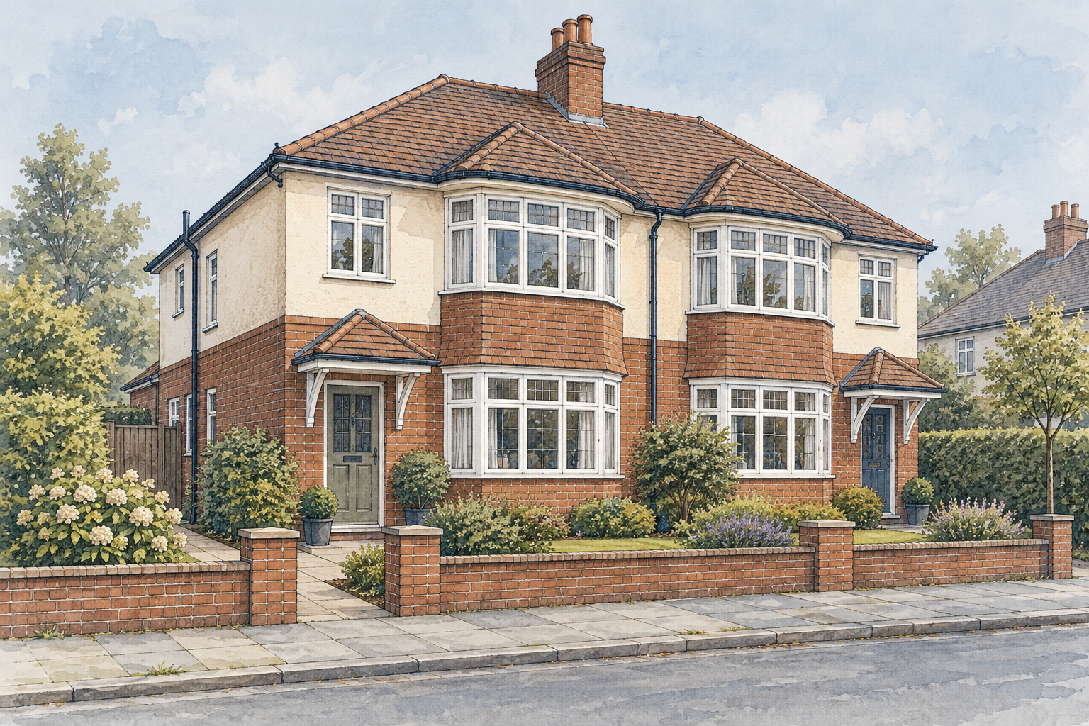 Architectural illustration of a traditional brick and render semi-detached home with bay windows and a tiled roof