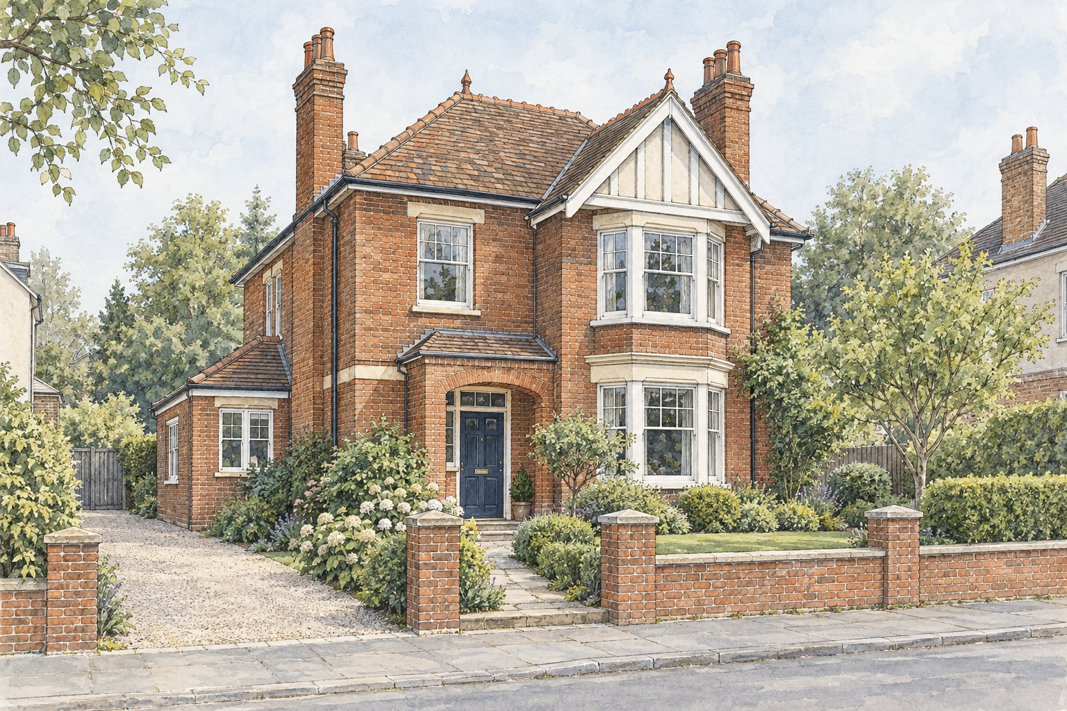 Architectural illustration of an older detached brick house with a gabled roof, chimneys and a side extension